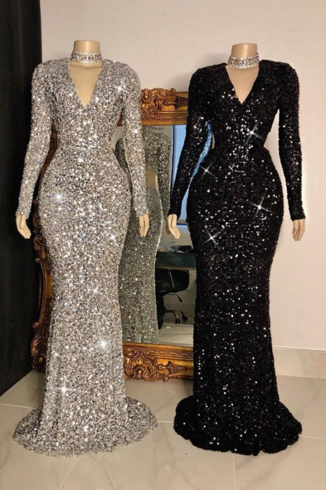 Long Sleeves Sequins Mermaid Evening Dress