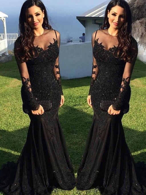 Trumpet/Mermaid Long Sleeves Sheer Neck Sweep/Brush Train Applique Spandex Dresses - Prom Dresses