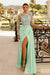 Long Sleeves Split Mermaid Prom Dress With Applique in Mint Green