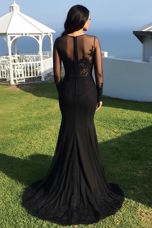 Long Sleeves Sheer Neck Sweep/Brush Train With Applique Spandex Dresses - Prom Dresses