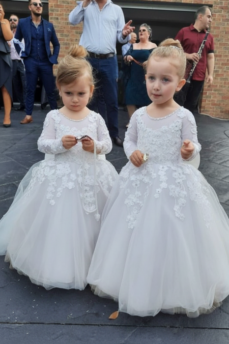 Long Sleeves Tulle Princess Flower Girl Dresses White with Appliques - Flower Girl Dress