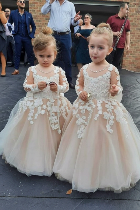 Long Sleeves Tulle Princess Flower Girl Dresses Blush Pink with Appliques - Flower Girl Dress