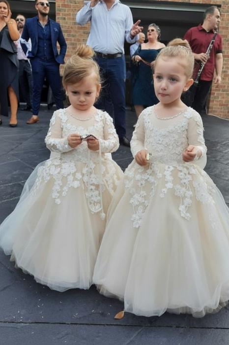 Long Sleeves Tulle Princess Flower Girl Dresses Ivory with Appliques - Flower Girl Dress