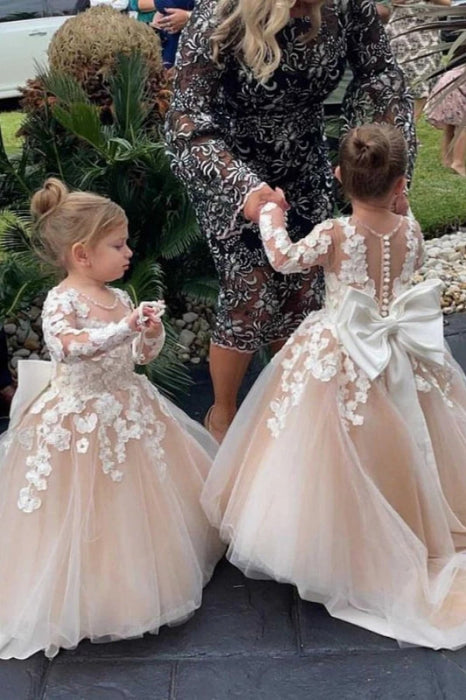 Long Sleeves Tulle Princess Flower Girl Dresses with Appliques - Flower Girl Dress