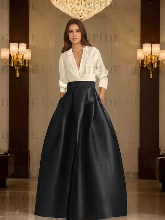 Long Sleeves V-Neck Satin A-Line/Princess Mother of the Bride Dress with Pockets
