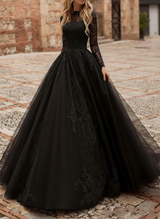 black Wedding Dress A Line Illusion Neckline Long Sleeves Applique With Chapel Train Bridal Gowns