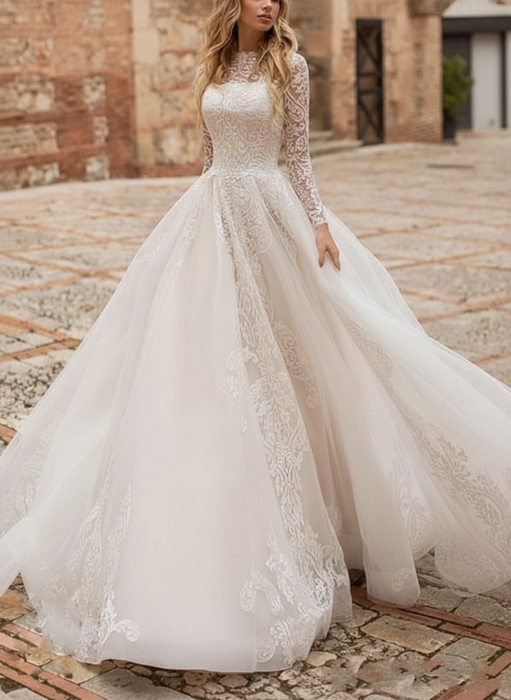 Ivory Wedding Dress A Line Illusion Neckline Long Sleeves Applique With Chapel Train Bridal Gowns