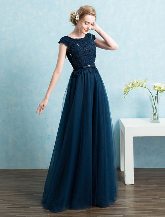 Blue Prom Dress 2021 Long Tulle Beading Evening Dresses Dark Navy Backless Floor Length Party Dresses wedding guest dress