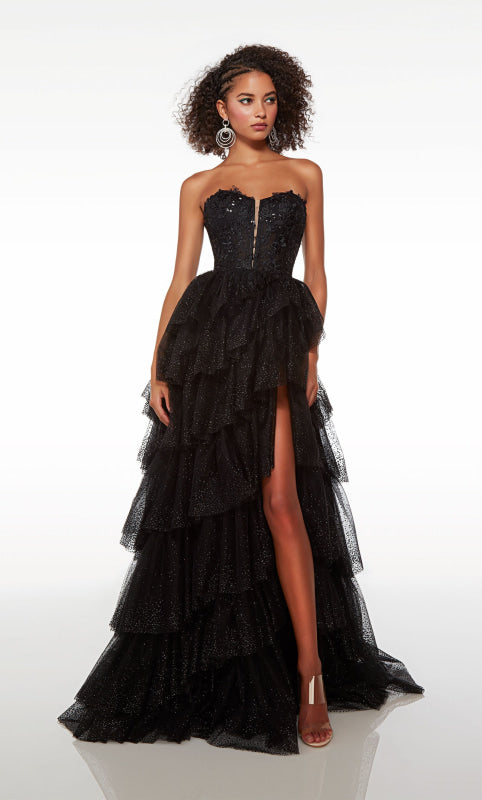 Black Tulle Prom Dress Long with Slit On Sale-Bridelily Black Tulle Prom Dress Long with Slit On Sale-Bridelily