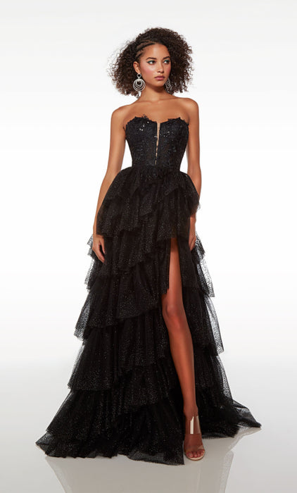 Black Tulle Prom Dress Long with Slit On Sale-Bridelily Black Tulle Prom Dress Long with Slit On Sale-Bridelily