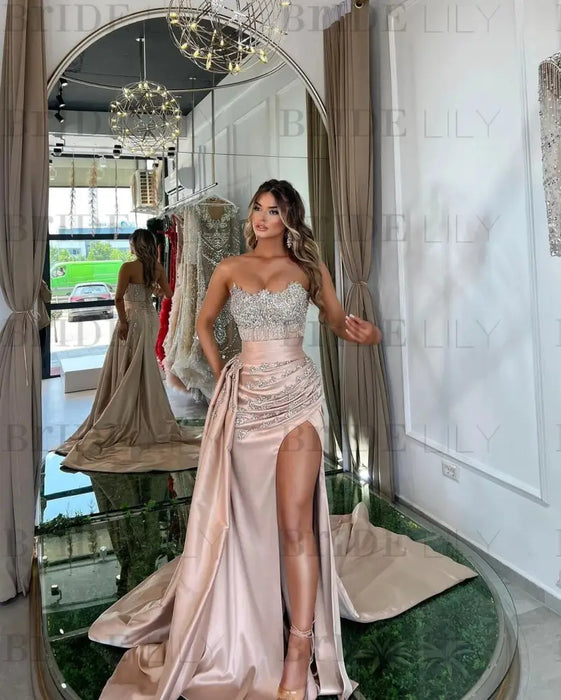 Lotus Root Pink Long Mermaid Satin Prom Dress with Trail, Beadings, Sleeveless