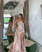 Lotus Root Pink Long Mermaid Satin Prom Dress with Trail, Beadings, Sleeveless