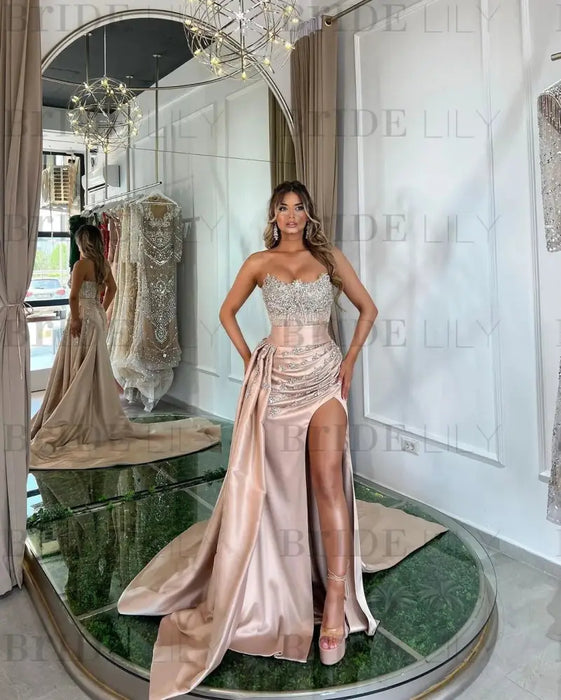 Lotus Root Pink Long Mermaid Satin Prom Dress with Trail, Beadings, Sleeveless