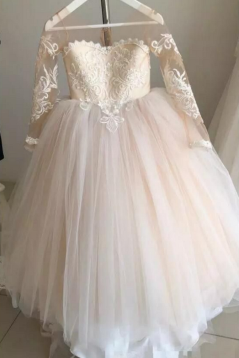 Lovely Princess Jewel Long Sleeves Long Flower Girl Dresses | Ivory Little Girls Peagant Dress with Bowknot