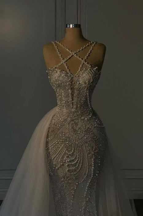 Luxurious Mermaid Wedding Dress Glitter with Sweep Train Spaghetti Straps Bridal Gown - Wedding Dresses