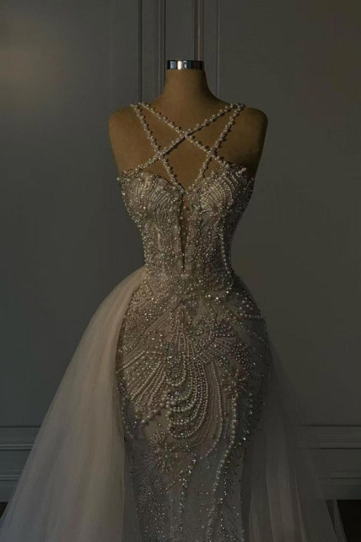 Luxurious Mermaid Wedding Dress Glitter with Sweep Train Spaghetti Straps Bridal Gown - Wedding Dresses
