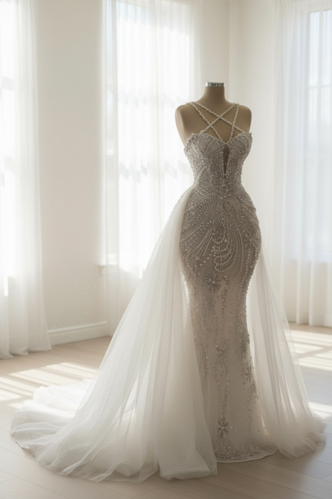 Luxurious Mermaid Wedding Dress Glitter with Sweep Train Spaghetti Straps Bridal Gown