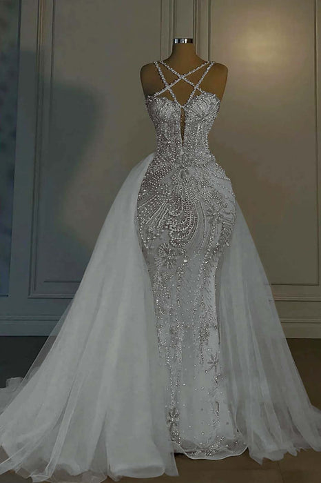 Luxurious Mermaid Wedding Dress Glitter with Sweep Train Spaghetti Straps Bridal Gown - Wedding Dresses