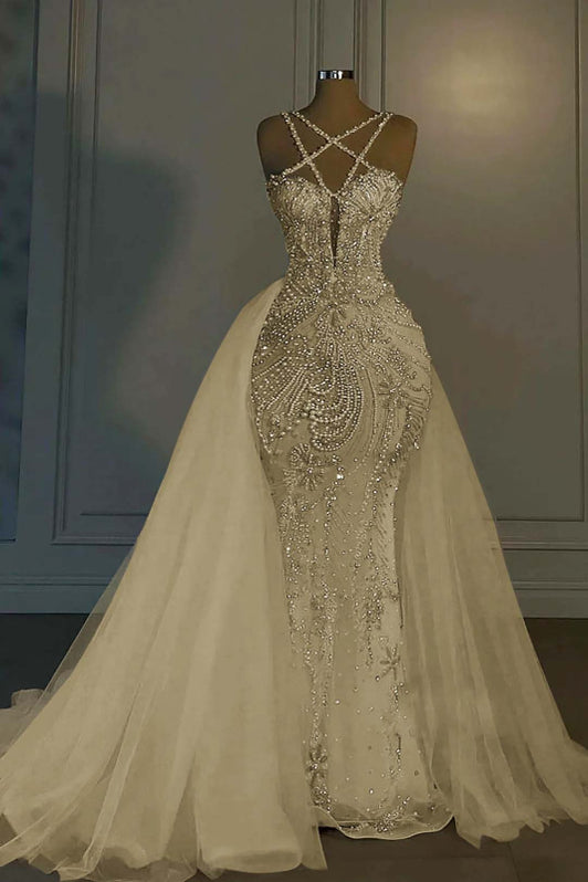 Goddess Style Pearl Beaded Spaghetti-straps Mermaid Satin wedding dress small train