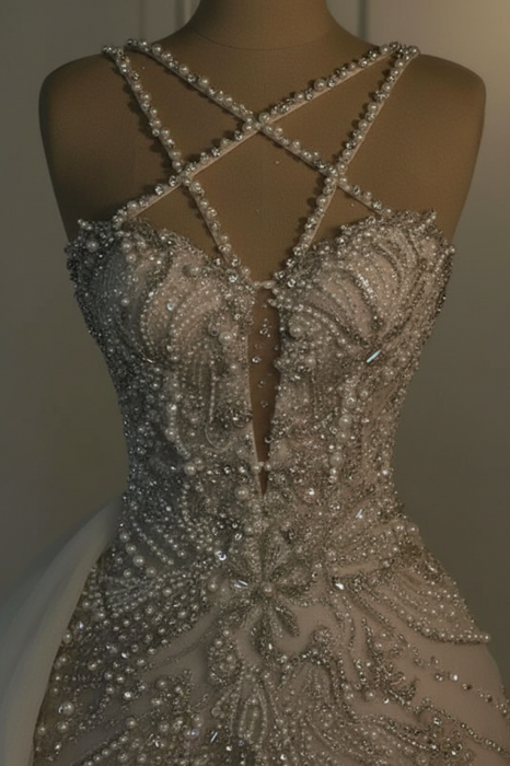 Luxurious Mermaid Wedding Dress Glitter with Sweep Train Spaghetti Straps Bridal Gown