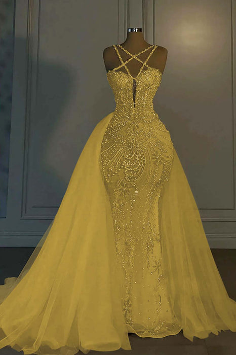 Luxurious Mermaid Wedding Dress Glitter with Sweep Train Spaghetti Straps Bridal Gown - Wedding Dresses