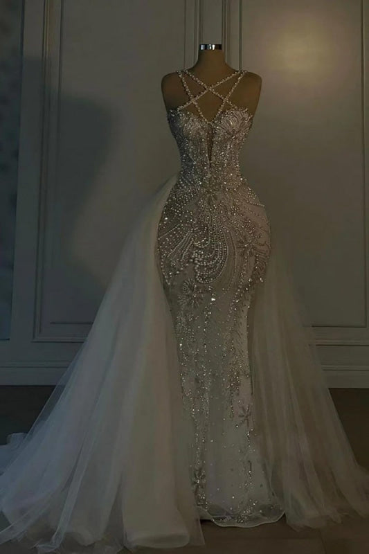 Mermaid Sequin Detachable Train Spaghetti Straps Sparkle Wedding Dress main image 0