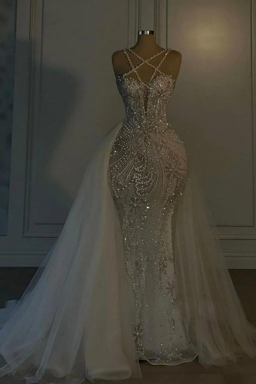 Luxurious Mermaid Wedding Dress Glitter with Sweep Train Spaghetti Straps Bridal Gown - Wedding Dresses