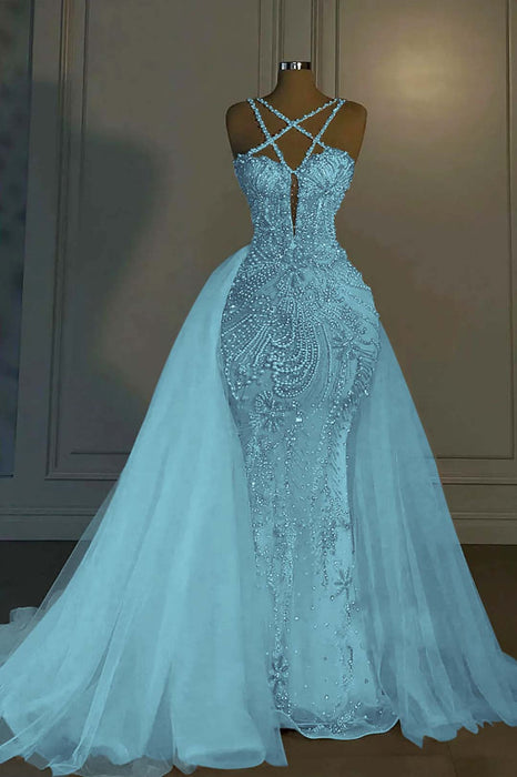 Glitter Mermaid Wedding Dress Spaghetti Straps Sweep Train Gown-Bridelily Glitter Mermaid Wedding Dress Spaghetti Straps Sweep Train Gown-Bridelily