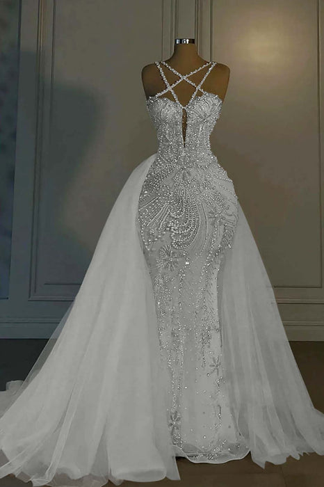 Luxurious Mermaid Wedding Dress Glitter with Sweep Train Spaghetti Straps Bridal Gown - Wedding Dresses