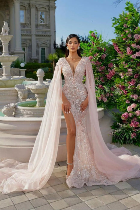 Luxurious Pink Beaded Ribbon Prom Dress with Split Shine Mermaid Desig Bridelily Luxurious Pink Beaded Ribbon Prom Dress with Split Shine Mermaid Desig Bridelily
