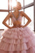 643. Luxurious Pink Deep V-Neck Sleeveless Prom Dress with Tulle Layered and Crystal