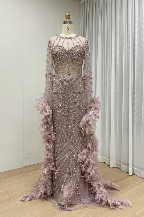 Luxury Jewel Neck Satin Mermaid Prom Dress Long Sleeves Beadings Dubai Evening Gown