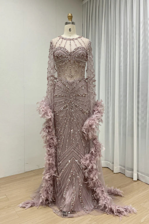 Luxury Jewel Neck Satin Mermaid Prom Dress Long Sleeves Beadings Dubai Evening Gown