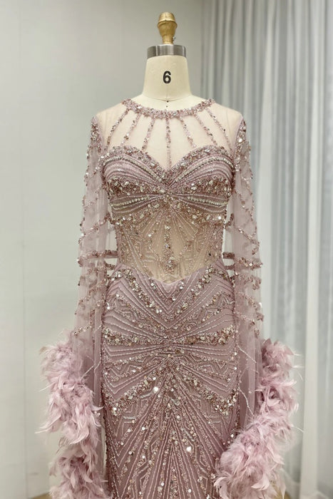 Luxury Jewel Neck Satin Mermaid Prom Dress Long Sleeves Beadings Dubai Evening Gown