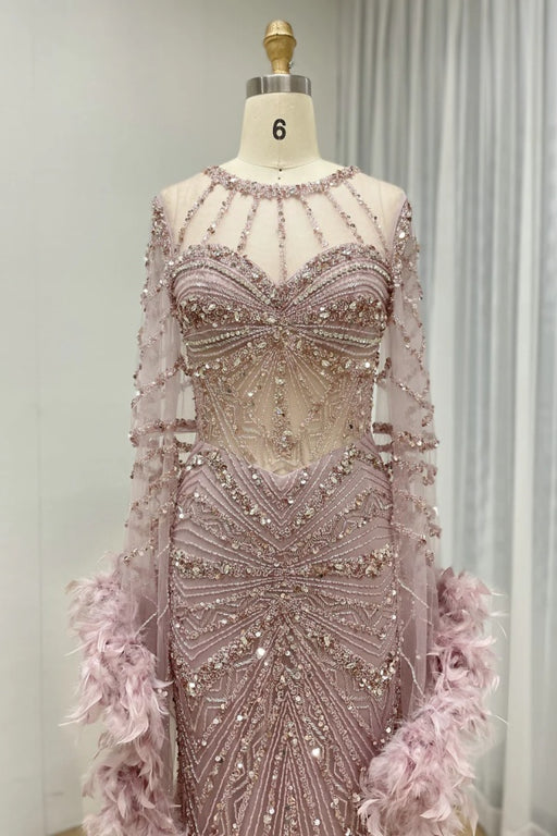 Luxury Jewel Neck Satin Mermaid Prom Dress Long Sleeves Beadings Dubai Evening Gown