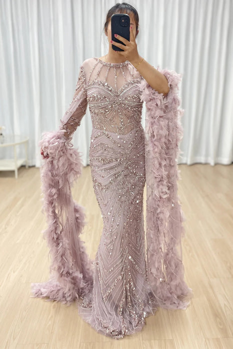 Luxury Jewel Neck Satin Mermaid Prom Dress Long Sleeves Beadings Dubai Evening Gown