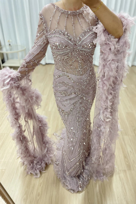 Luxury Jewel Neck Satin Mermaid Prom Dress Long Sleeves Beadings Dubai Evening Gown