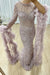 Luxury Jewel Neck Satin Mermaid Prom Dress Long Sleeves Beadings Dubai Evening Gown