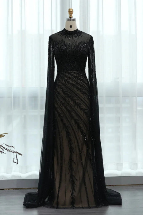 Luxury Black Beadings Mermaid Evening Dresses with Sleeves High Neck Long Formal Dress