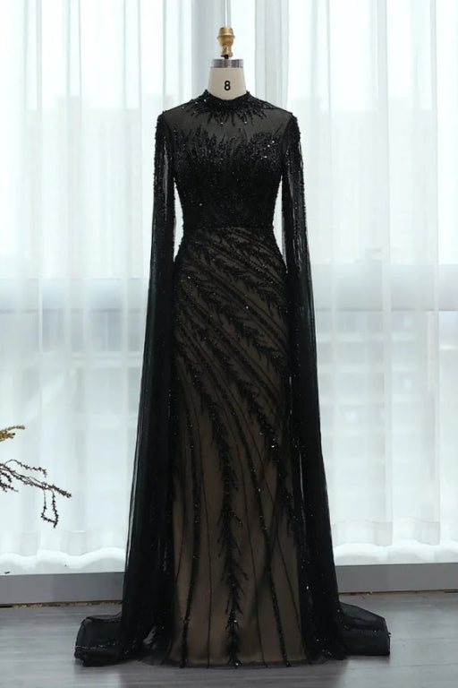 Luxury Black Beadings Mermaid Evening Dresses with Sleeves High Neck Long Formal Dress