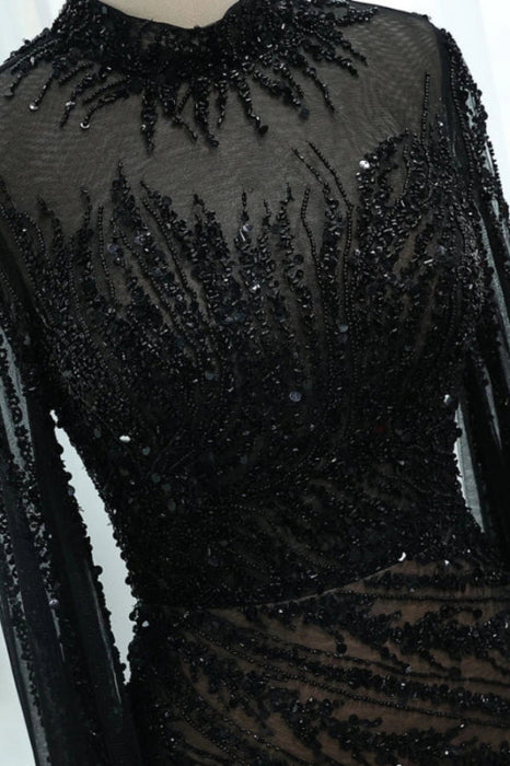Luxury Black Beadings Mermaid Evening Dresses with Sleeves High Neck Long Formal Dress