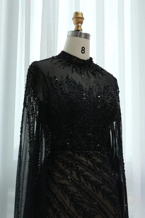 Luxury Black Beadings Mermaid Evening Dresses with Sleeves High Neck Long Formal Dress