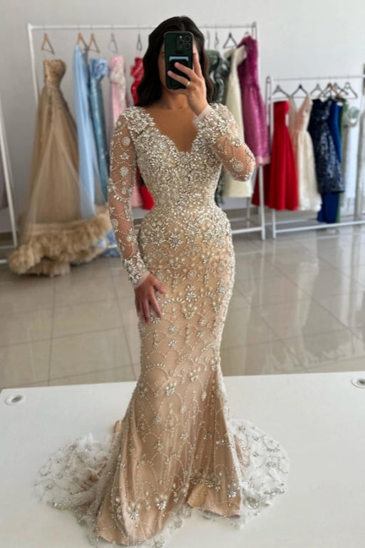 Luxury Evening Dresses Long Glitter Lace Ball Gowns With Sleeves