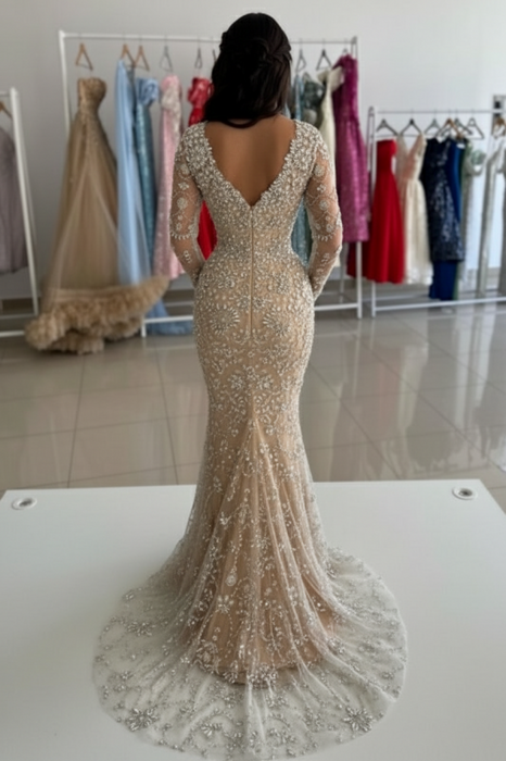 Luxury Evening Dresses Long Glitter Lace Ball Gowns With Sleeves