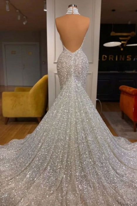 Luxury Halter Beadings Pearls Mermaid Evening Gown with Chapel Train