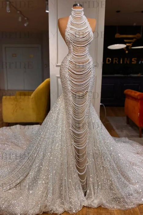 Luxury Halter Beadings Pearls Mermaid Evening Gown with Chapel Train