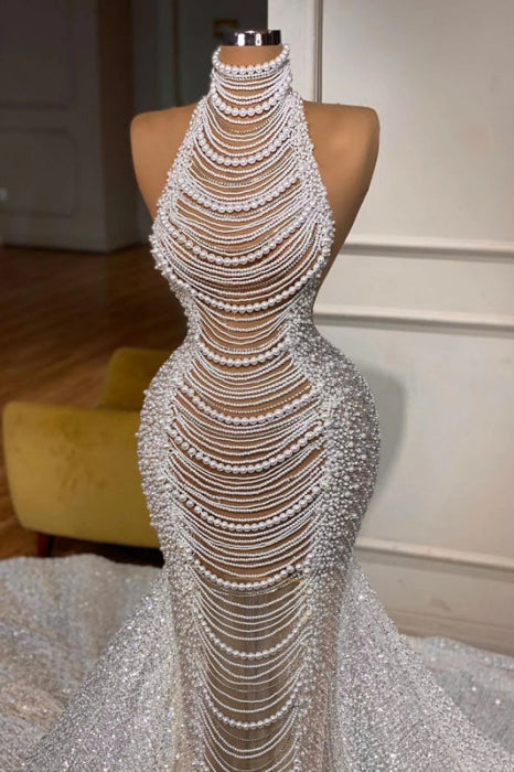 Luxury Halter Beadings Pearls Mermaid Evening Gown with Chapel Train