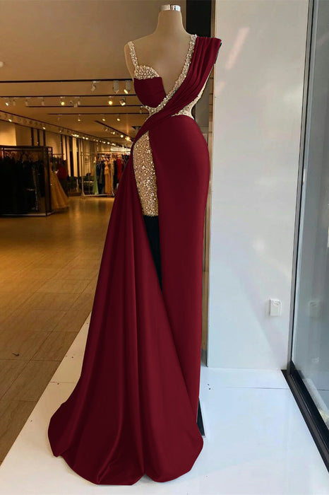 Luxury Satin Prom Dress High Split with Sequins Sleeveless Evening Gown Burgundy