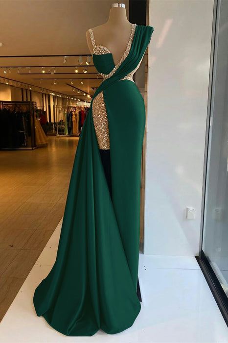 Luxury Satin Prom Dress High Split with Sequins Sleeveless Evening Gown Dark Green