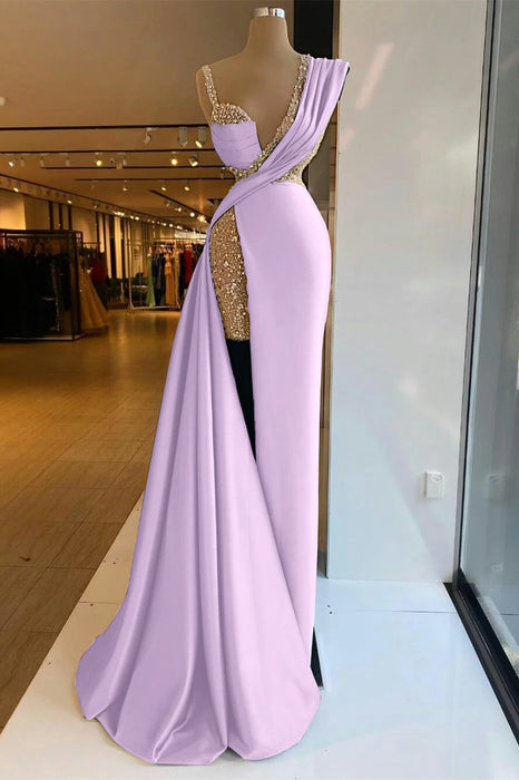 Luxury Satin Prom Dress High Split with Sequins Sleeveless Evening Gown Lilac